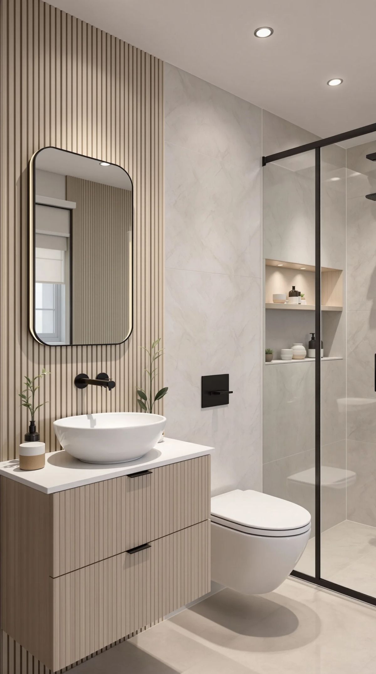 Baño a medida con vanitory de listones verticales