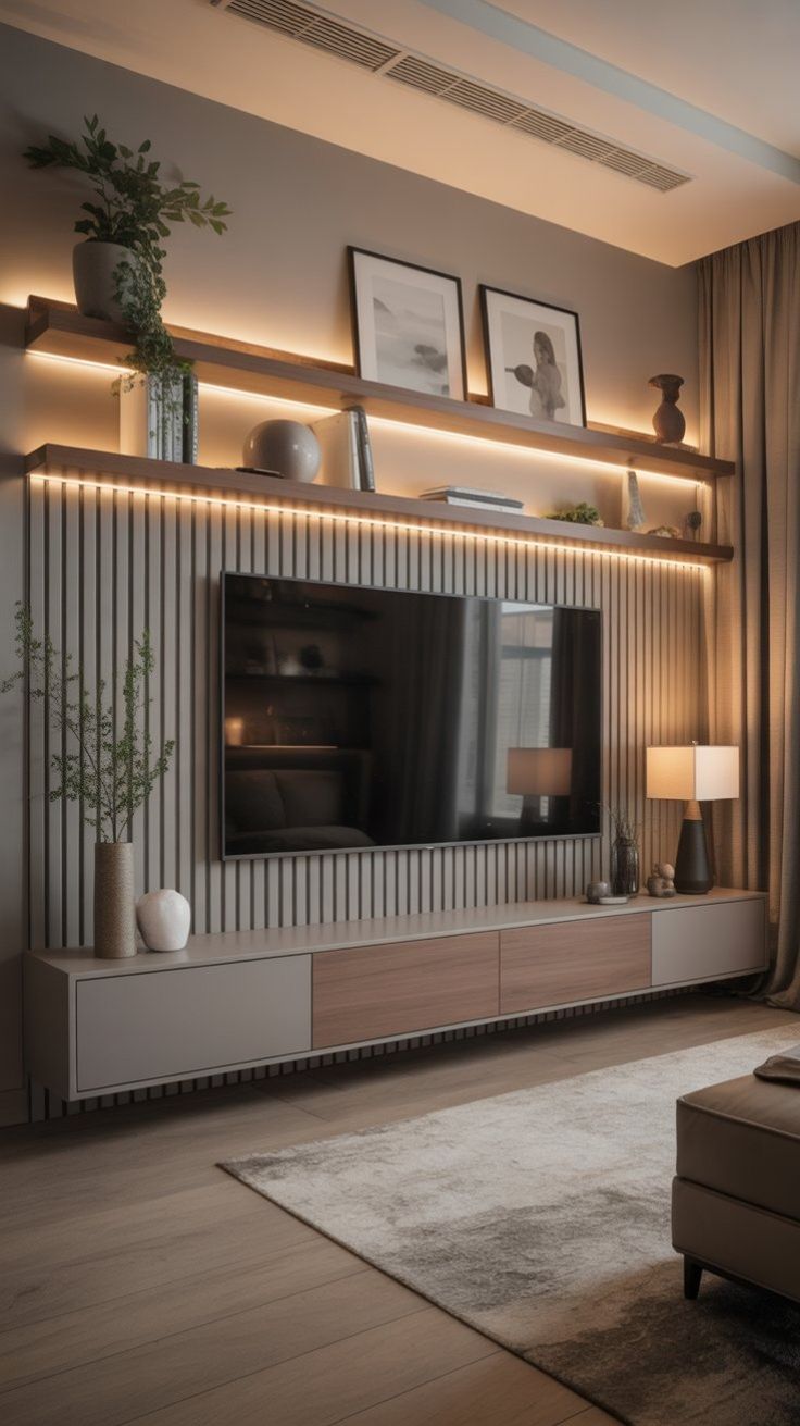 Living a medida con estantes y luz ambiental