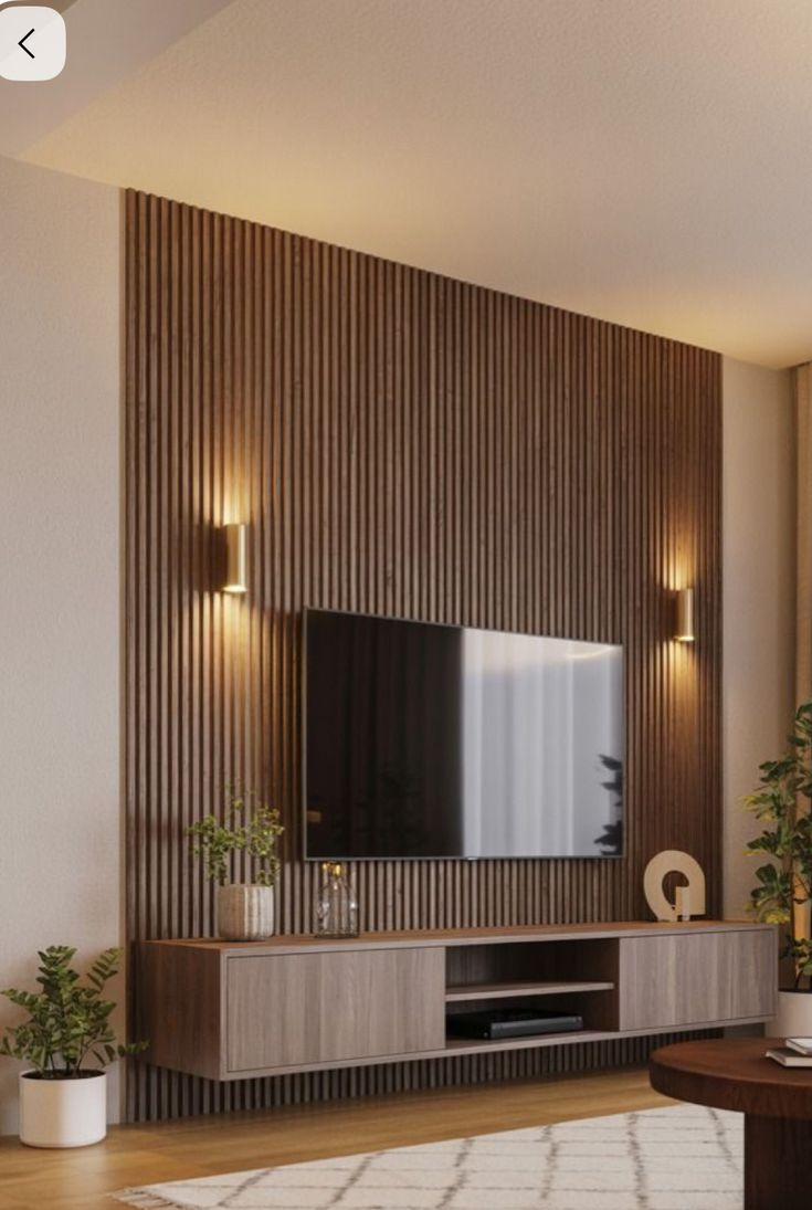 Living con pared de madera e iluminación