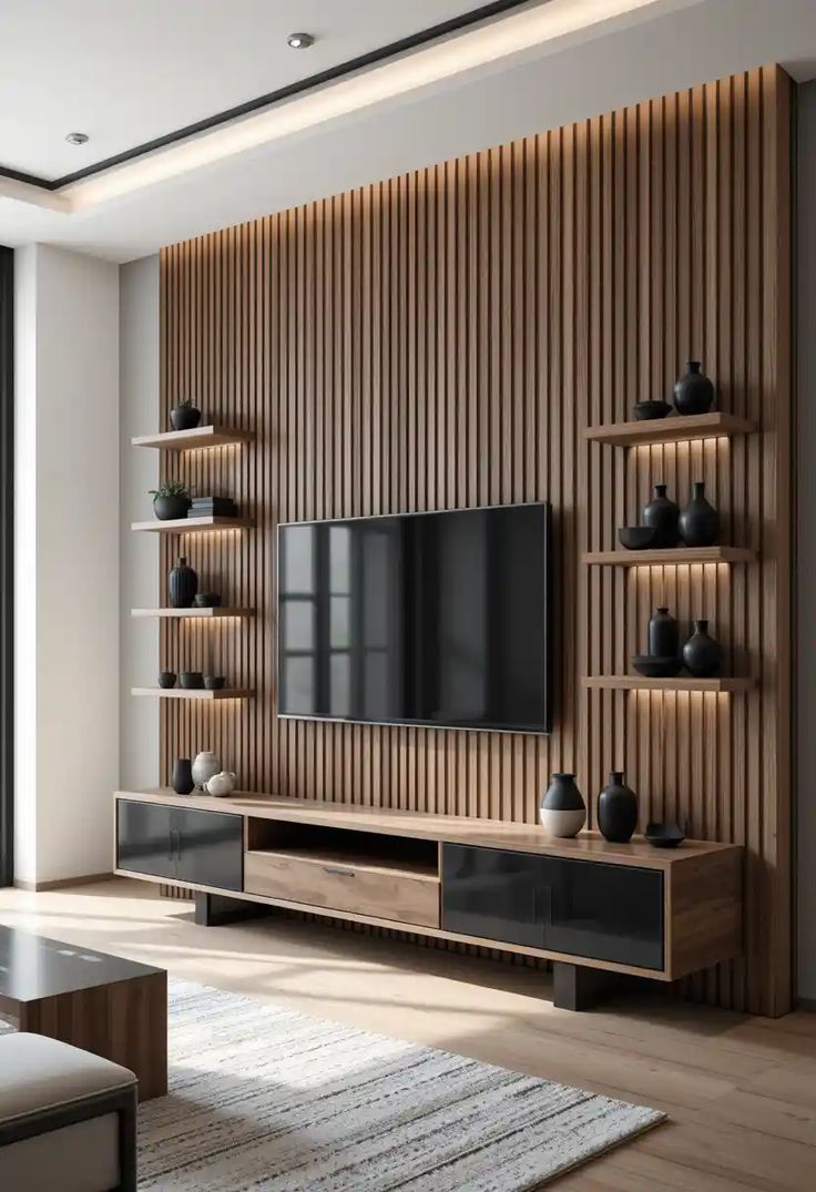 Living a medida con repisas laterales y panel de madera